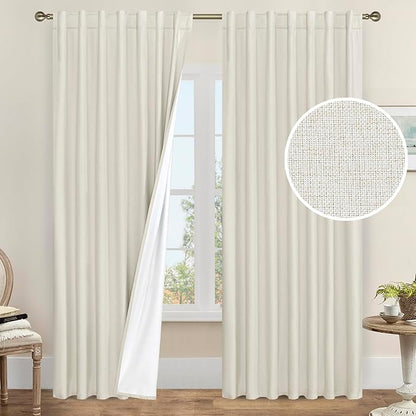 LAMIT Natural 100% Blackout Linen Curtains, 84 Inches Linen Textured Thermal Bedroom Curtains Back Tab and Rod Pocket Neutral Panels with White Liner for Farmhouse, 2 Panels, 60 x 84 Inch, Ivory