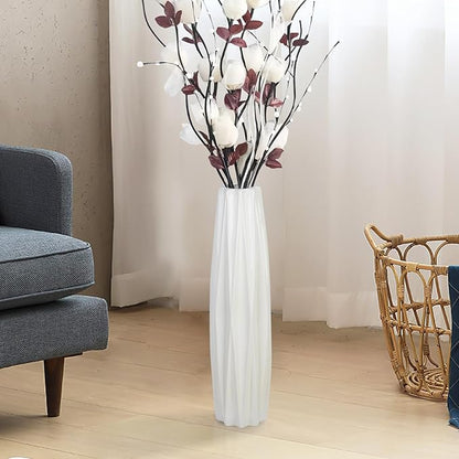 White Ceramic Floor Vase 17.7" – Origami Farmhouse Porcelain Vase for Living Room & Office Décor