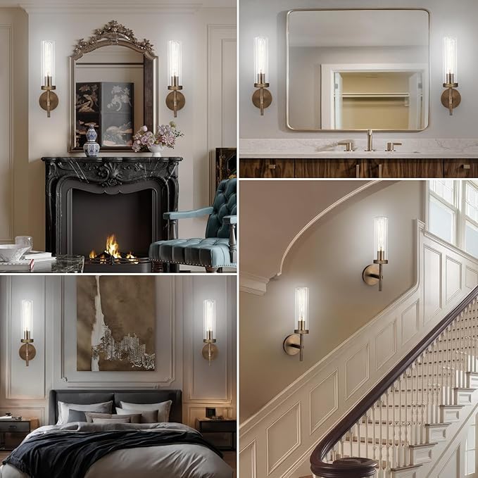 Bronze Wall Sconces Set of Two with White Light, 15'' Brushed Brass Knurled Bathroom Sconces Wall Lighting Vanity Light with Clear Glass for Living Room Mirror Bedroom Stairs