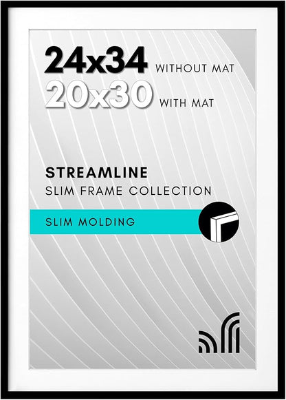 Americanflat 24x34 Poster Frame with Polished Plexiglass - Use as 20x30 Frame with Mat or Display 24x34 Photo Without Mat - Streamline Collection - Thin Border Picture Frames for Wall - Black