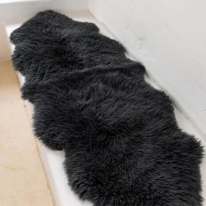 Woolous Genuine Black Sheepskin Rug 2x6 ft – Real Sheep Skin Double Pelt Runner Rug, Soft Thick Plush Fur Carpet for Bedroom, Living Room & Nursery