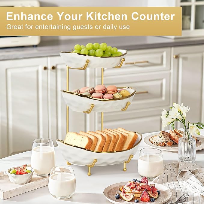 Ceramic Fruit Bowl for Kitchen Counter - 3 Tier Fruit Basket with Metal Stand, Tiered Fruit Stand for Countertop, Snack, Nuts, Cake, Dessert, Small & Cute (Gold&White)