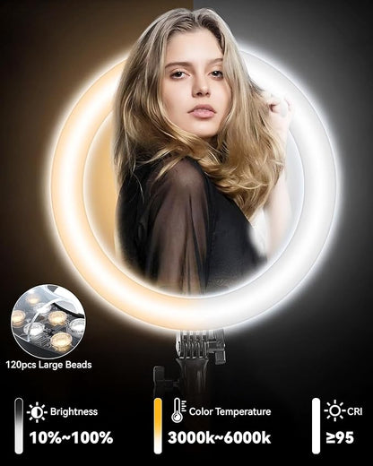 18 Inch Professional LED Ring Light with 70-inch Tripod, CRI≥95, 3000K-6000K Adjustable Brightness & Color Temperature, Phone Holder for Live Streaming, YouTube, TikTok, Makeup, Photography