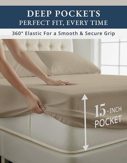 LANE LINEN 100% Egyptian Cotton Bed Sheets - 4PC Full Sheets Set, Long Staple Bedding Sheets, Sateen Weave, Luxury Hotel Sheets, Fits Upto 16" Mattress, Swiss Dot - Taupe