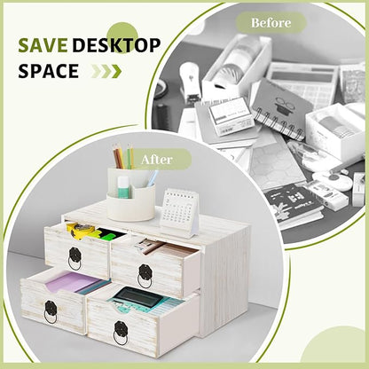 Wood Desk Organizer, White Wooden Desktop Organizer with Drawer, Tabletop Storage Organization Box for Countertop, Home Office Supplies, Bills (4 Drawer)