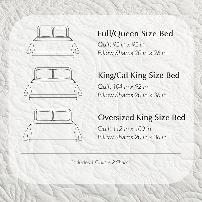 EVERGRACE 100% Cotton Paisley Quilt Set, Oversized King 3 Piece Set – Prewashed Lightweight Bedspread with 2 Shams, Soft & Breathable Matelasse Coverlet for All-Season Comfort, Bright White