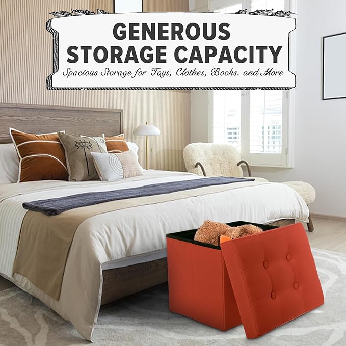 LINMAGCO Storage Ottoman Folding Foot Stool Foot Rest with Side Pocket Modern Ottoman with Storage Short Sofa Stool Linen Cloth 17x13x13(Orange)