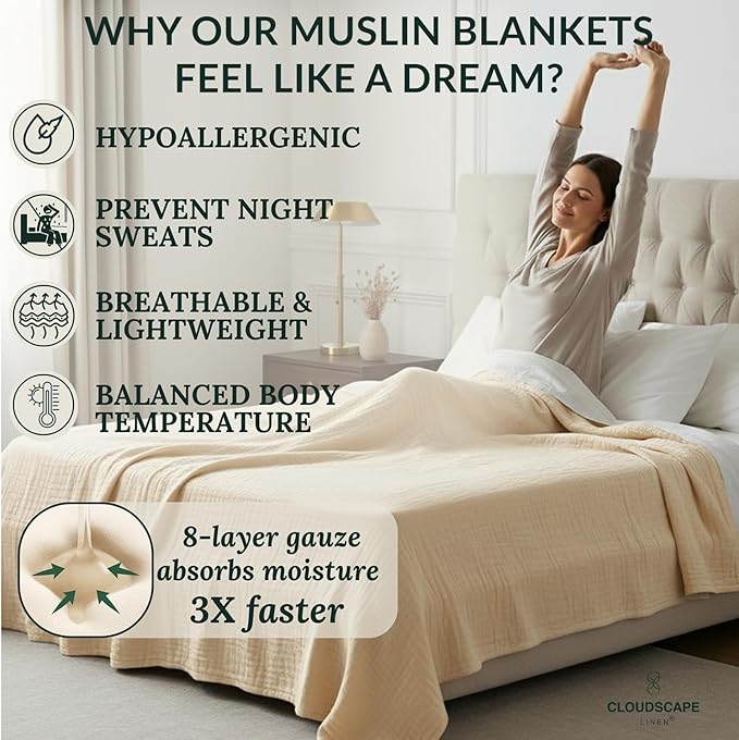 Cloud Scape Linen 8-Layer Muslin Blanket King Size for Adult - 100% Cotton, Breathable and Soft, Perfect Winter Cozy Blanket, Fits up to California King Bed, 92x108, Ivory