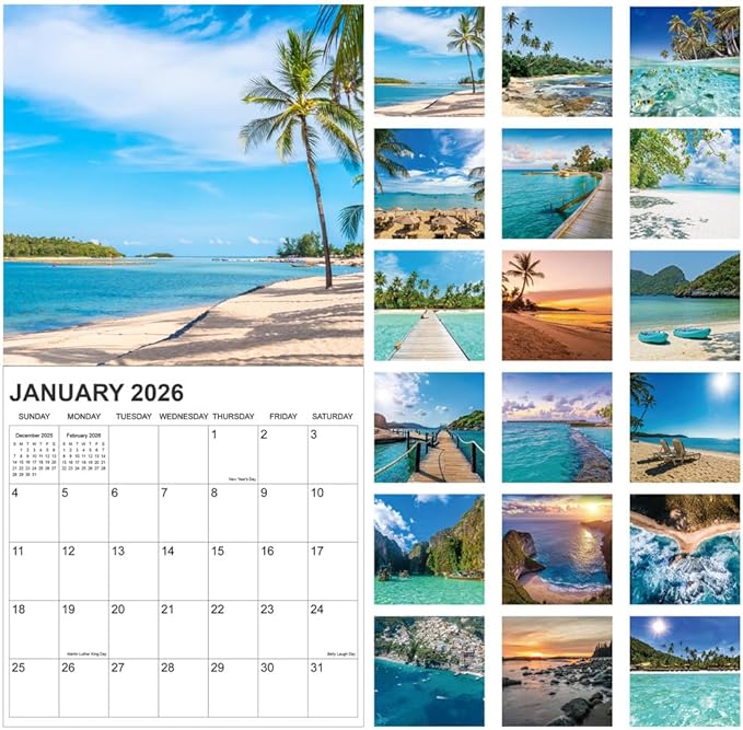 2026 Calendar for Wall, Calendar 2026 from January 2026 - December 2026, 12" x 24" Opened 12 Months Calendar, Full Page Months Thick & Sturdy Paper for Gift Perfect, Beaches