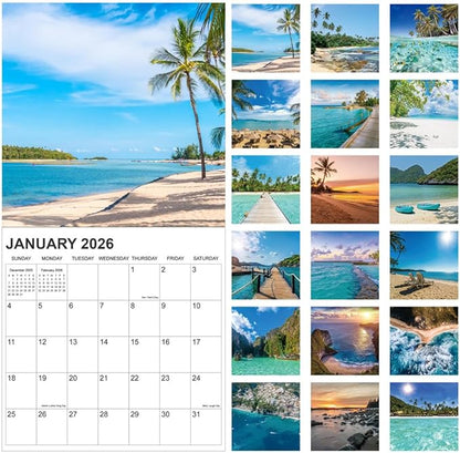2026 Calendar for Wall, Calendar 2026 from January 2026 - December 2026, 12" x 24" Opened 12 Months Calendar, Full Page Months Thick & Sturdy Paper for Gift Perfect, Beaches