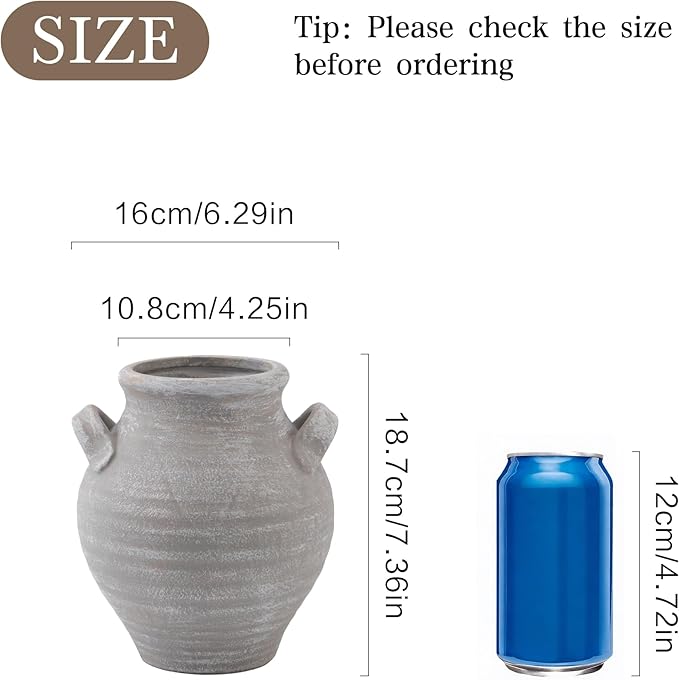 Ceramic Farmhouse Flower Vase, 7.36 Inch Rustic Decorative Vintage Vases for Home Decor Table Living Room Kitchen Bedroom Shelf Mantel Wedding Centerpiece