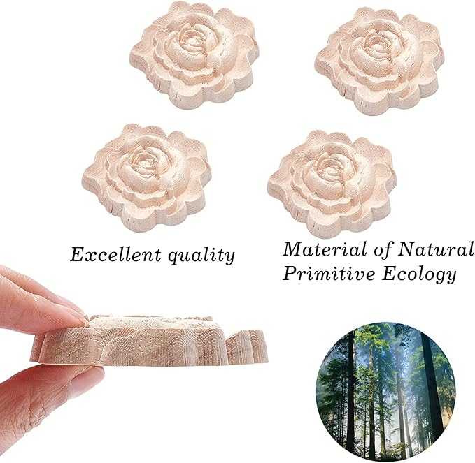 GORGECRAFT 4PCS Wooden Carved Onlay Appliques Rose Wood Carving Decal Molding Corner Craft Unpainted Furniture Applique Frame Flower Valentines Day Home Decoration for Dresser Bed Door Cabinet 3"x3"