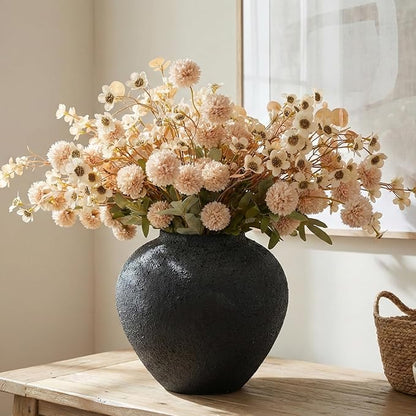 Black Large Round Vase Pottery Look for Home Decor, Arina Black Rustic Vase Modern Farmhouse, Console Table Decor, Earthy Textured Big Black Round Vases for Centerpieces, Jarrones Grandes