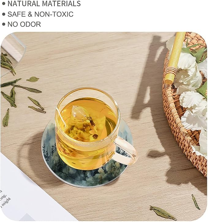 4PCS Forest Drink Coasters, Round Modern Ceramic Absorbent Coasters, Watercolor Style Nature Mountain Woodland Green Forest Flying Birds Decor Desk Coffee Table Coaster for Beverage Cup Tea Coasters
