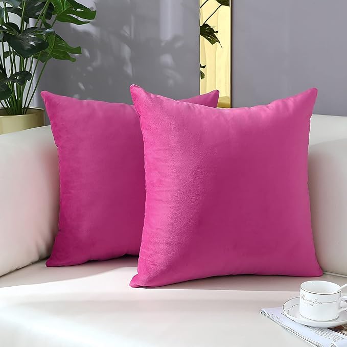 mixeoo Comfy Hot Pink Throw Pillow Covers Decorative Square Solid Thick Velvet Super Soft Cushion Cases Home Decor for Sofa Couch Living Room, Set of 1, 24 x 24 Inch