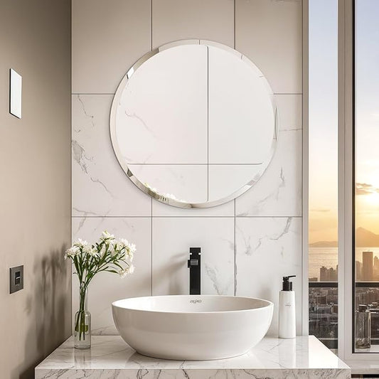 Frameless Round Wall Mirror: Decorative Mirrored Glass Vanity with Beveled Silver Edge for Bathroom Bedroom Livingroom Dining Room Entryway Hallway, 16 x 16 inch