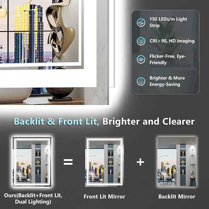28x36 LED Bathroom Mirror with Lights, Backlit and Front Lit, Anti-Fog Lighted Vanity Mirrors for Bathroom Wall, Dimmable, 3-Color Light, Memory, Shatter-Proof, HD Tempered Glass, CRI＞90