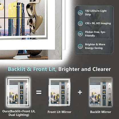 24x30 LED Bathroom Mirror with Lights, Backlit & Front Lit, Anti-Fog Lighted Vanity Mirror for Bathroom Wall, 3 Colors, Dimmable, Memory, HD Tempered Glass, Shatter-Proof, Horizontal/Vertical