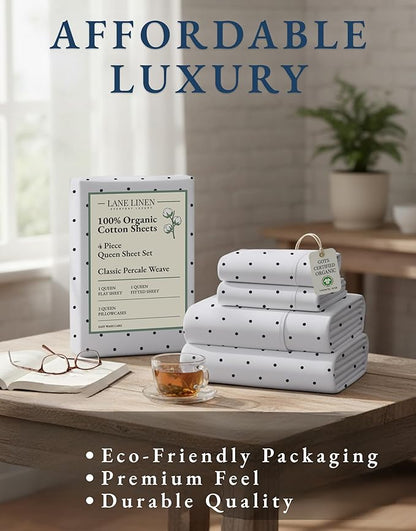 LANE LINEN Eco Friendly 100% Organic Cotton Queen Bedsheet Sets, Luxury Printed Cotton Sheets Fully Elasticized Low Pill Fade Resistant deep Pocket Queen Sheets Fits 15" Mattress- Black Polka Dot
