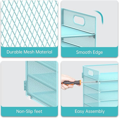 7 Tier Paper Organizer - Mesh Desktop File Holder with Handles for Office School Desk, Black (Blue)