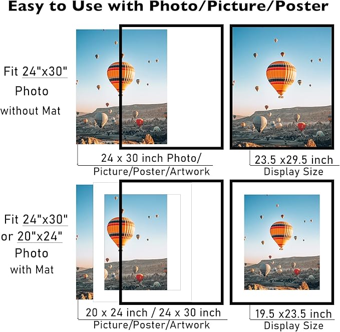 24x30 Picture Frame with 20x24 Mat Set of 2, Display Photo 20x24 with Mat or 24 x 30 Without Mat, Wall Hanging Large 24 by 30 Poster Frame with Plexiglass, 2 Pack, Black