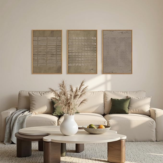 Large Abstract Brown Beige Framed Canvas Wall Art,Modern Lines Dots Wall Decor,Boho Neutral Minimalist Artwork,Mid Century Geometric Art Print for Living Room,Bedroom,Office- 16"x24"x3