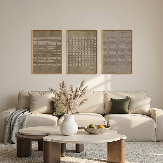 Large Abstract Brown Beige Framed Canvas Wall Art,Modern Lines Dots Wall Decor,Boho Neutral Minimalist Artwork,Mid Century Geometric Art Print for Living Room,Bedroom,Office- 16"x24"x3