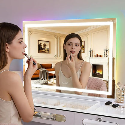FENCHILIN Large Vanity Mirror with Lights 39"x32", RGB Backlit & Front Lit Hollywood Makeup Mirror, Shatterproof Tempered Glass, LED Strip 3 Color Modes, Smart Touch & Memory, Wall Mounted/Desk