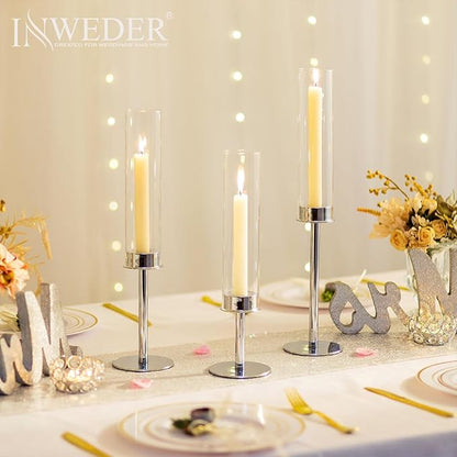 Hurricane Taper Candle Holders: Silver Glass Candlestick Holder Tall Candle Sticks Holder Decor with Glass Cover for Wedding Table Centerpiece Party Birthday Christmas Home Mantel Set of 3