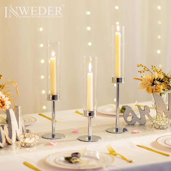 Silver Candle Holders for Candlesticks - Taper Candle Holders with Removable Glass, Tall Silver Candlestick Holders, Candle Stand Candle Sticks Long Holder for Table Centerpiece, Home, 30Pcs