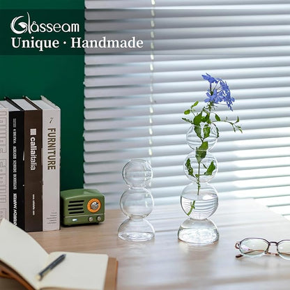 Glasseam Unique Small Flower Vase, Cute Blown Glass Vases for Flowers, Modern Ball Bubble Clear Bud Vases - Decorative Round Single Flower Vase for Home Decor