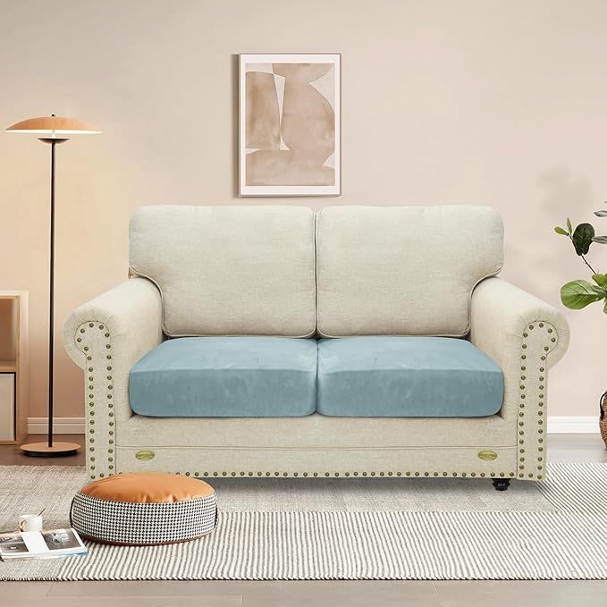 MAXIJIN Velvet Stretch Cushion Covers Couch Cushion Slipcovers Loveseat Sofa Cushion Covers for Individual Cushions with Elastic Bottom (2 Piece Loveseat Cushion Covers, Dusty Blue)