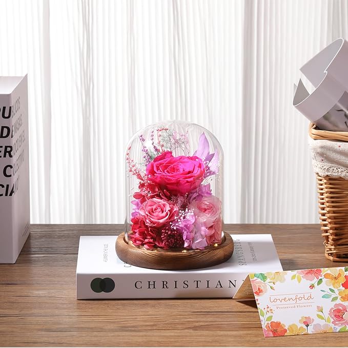 LOVENFOLD Flowers for Delivery Preserved Flowers with LED Light in a Glass Dome,Long Lasting Forever Roses Birthday Gifts for Women Daughter Mom Wife Friend（Reddish Rose）
