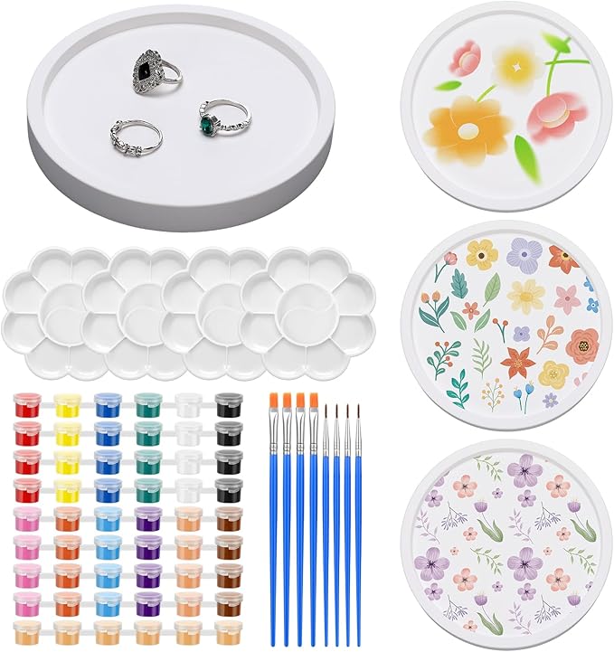 MotiMind 4 Set Ceramics to Paint Round Jewelry Tray Ready to Paint Your Own Ceramic Ring Dish Holder DIY Unpainted Plaster Trinket Dish Paintable Tray Crafts with Brush Palette for Adults