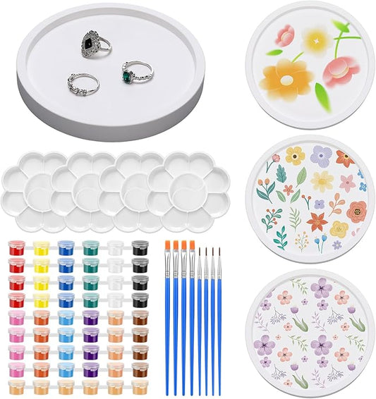MotiMind 4 Set Ceramics to Paint Round Jewelry Tray Ready to Paint Your Own Ceramic Ring Dish Holder DIY Unpainted Plaster Trinket Dish Paintable Tray Crafts with Brush Palette for Adults