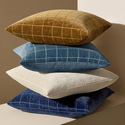 MIULEE Decorative Chenille Check Throw Pillow Covers Vintage Plaid Couch Pillows 18x18 Inch Set of 2 Neutral Boho Farmhouse Cushion Covers Modern Spring Coastal Decor for Sofa Bed Living Room Blue