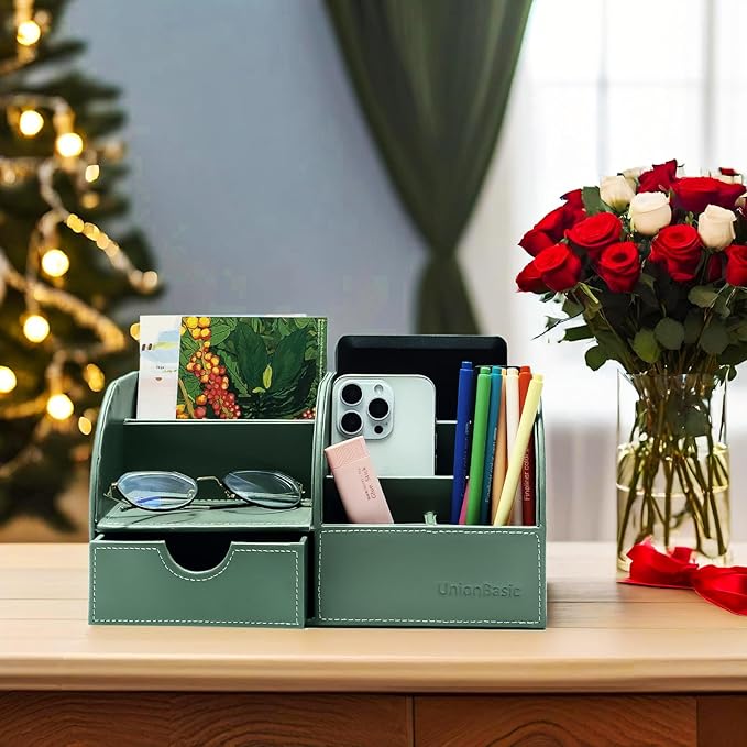 UnionBasic Desk Organizer, Multi-functional Leather Desktop Office Organizer, Pen Holder - Business Card/Pen/Pencil/Mobile Phone/Stationery Holder Storage Box, Malachite Green