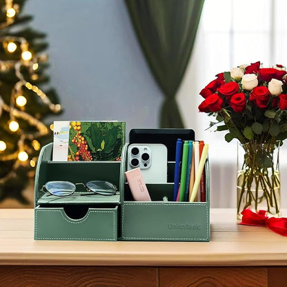 UnionBasic Desk Organizer, Multi-functional Leather Desktop Office Organizer, Pen Holder - Business Card/Pen/Pencil/Mobile Phone/Stationery Holder Storage Box, Malachite Green