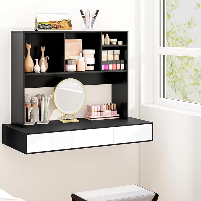 GOFLAME 4 Cubes Desktop Bookshelf, 37” Tabletop Wood Desk Shelf for Computer Monitor, Modern Countertop Desk Display Hutch Storage Organizer Shelf for Home Office, Dorm, Study (Black)