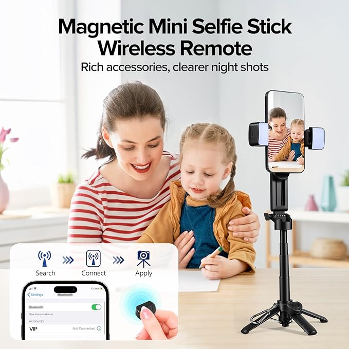 Magnetic Mini Phone Selfie Stick, 4-in-1 Portable Magnetic Selfie Stick for iPhone/Android, Magnetic Chuck＆Clip 2 in 1, with Remote & 2 Fill Light for Photography, Vlogging, TikTok