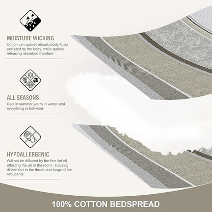 Oversized King Bedspread Quilt 128" x 120", 100% Cotton Lightweight Bed Spreads Coverlet Set Farmhouse Bedding Cover, 3 Piece, Brown/Gray/Beige
