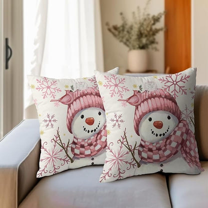 Christmas Pillow Covers 20x20 Set of 2 Pink Snowman Throw Pillow Covers Winter Pillowcase Linen Decoration Farmhouse Bird Cozy Soft Cushion Case Couch for Indoor Outdoor Home Decor