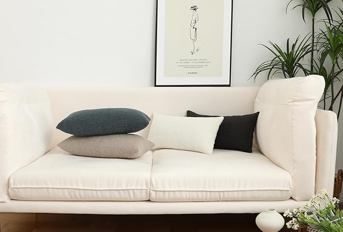 Jeneoo Ivory Decorative Lumbar Thick Throw Pillow Covers Fine Textured Boucle Couch Cushion Cases for Sofa Decor, Set of 2, 12 x 20 Inch