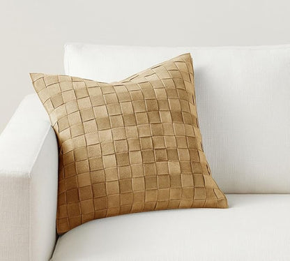 Genuine Lamb Leather Cushion Pillow Cover - Luxury Leather Pillow Case - Modern, Boho, Farmhouse Home Decor - Bedroom Couch, Living Room, Sofa Bed (Basketweave - Golden, 22" x 22")