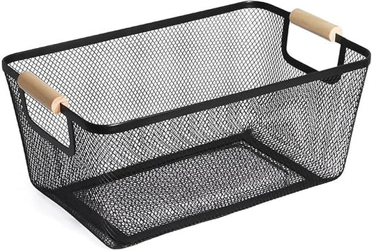 Metal Mesh Steel Basket, Medium Wire Storage Organizer Basket Multi-function Hanging Kitchen Basket with Wood Handle for Kitchen Bathroom Picnic Home, Rectangle-Black