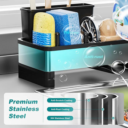 Stainless Steel Sink Caddy, Sponge Holder for Kitchen Sink with Brush Holder & Dishcloth Rack, Rustproof Sink Organizer Countertop, Soap Dispenser Kitchen Organizers Storage Essentials, Black