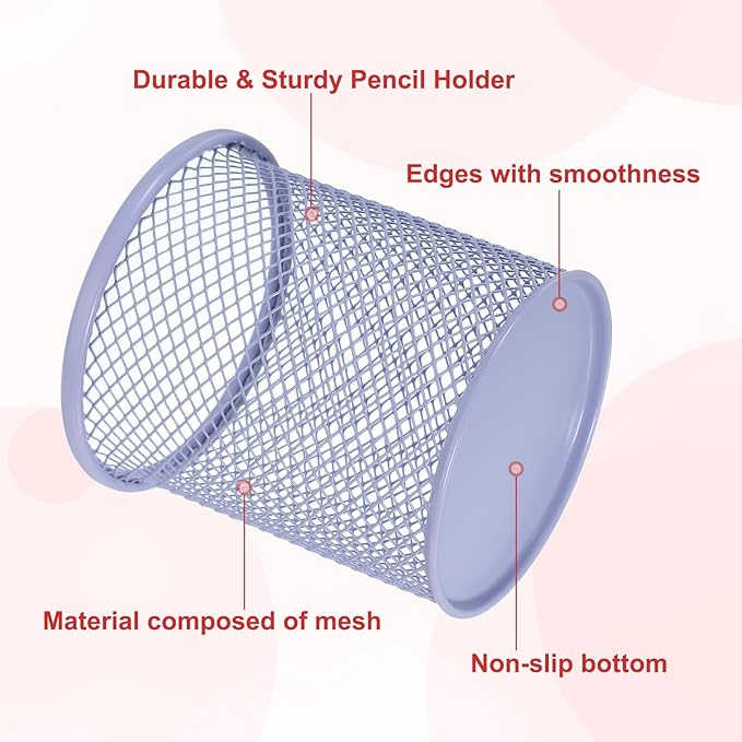uxcell 2Pcs Mesh Pencil Holder, Metal Pen Cup Desk Organizer Makeup Brush Cup Holder for Home, Office, Classroom(Light Purple)