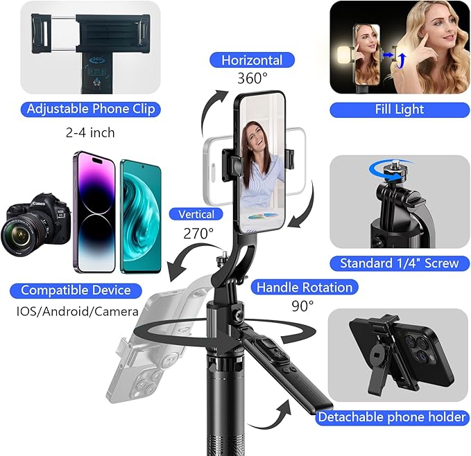 Auto Face Tracking Selfie Stick Tripod for iPhone with Light 360 Rotation 63" Phone Camera Tripod Stand Follows Your Movement with Remote for Content Creator Vlog Live Stream Video Recording