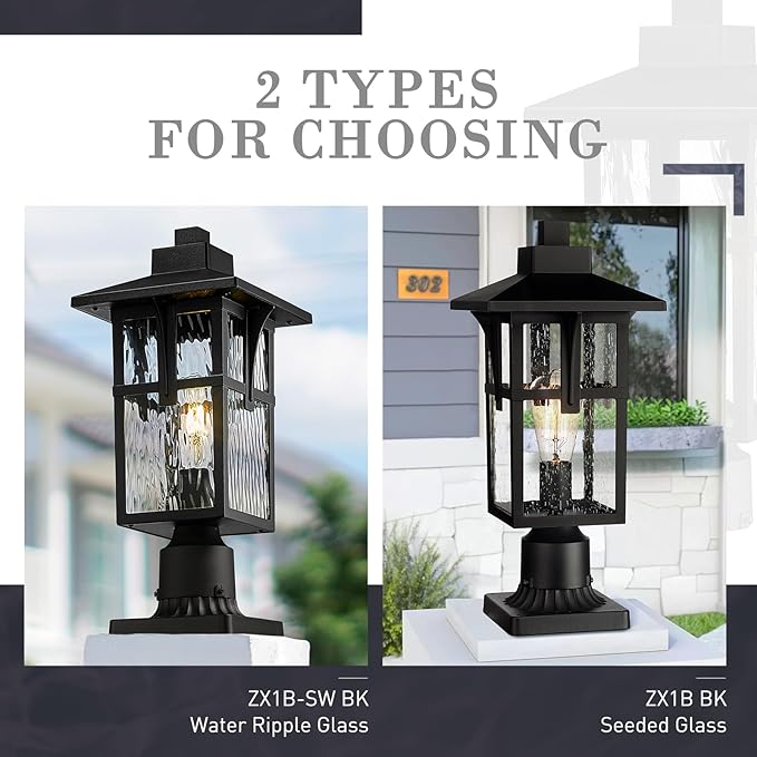 zeyu 16.7 Inch Outdoor Pole Light, Lamp Post Light Fixture for Garden Pathway, Die-Cast Aluminum with Water Ripple Glass, Black Finish, ZX1P-SW BK