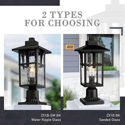 zeyu 16.7 Inch Outdoor Pole Light, Lamp Post Light Fixture for Garden Pathway, Die-Cast Aluminum with Water Ripple Glass, Black Finish, ZX1P-SW BK